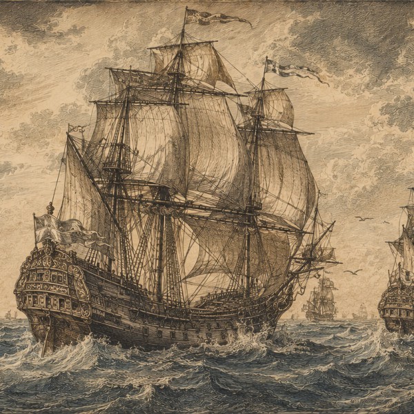 Scène de navigation et grands voiliers — fresque panoramique carte ancienne, vaisseaux toutes voiles dehors par mer formée, ciel