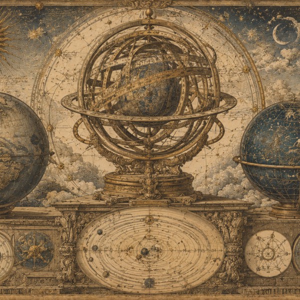 Cosmographie et sphères du monde — fresque panoramique carte ancienne, sphère armillaire, globes et figures allégoriques de l'as