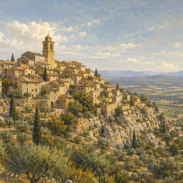 Village perché des Alpilles – fresque panoramique de Provence : village de pierre dorée accroché au flanc d'une colline rocheuse
