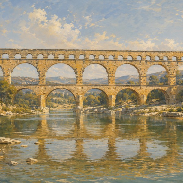 Le Pont du Gard – fresque panoramique de Provence : ancien pont-aqueduc romain enjambant une rivière calme bordée de pins, arche