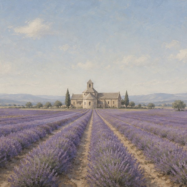 Lavande et abbaye – fresque panoramique de Provence : plateau de lavande à perte de vue dont les rangées convergent vers une abb