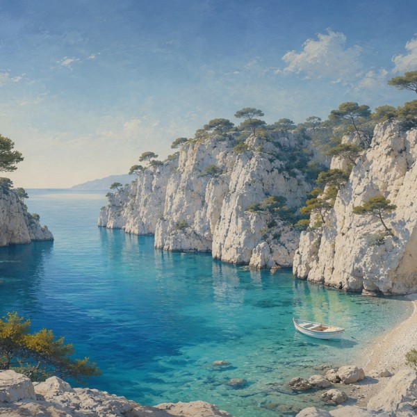 Calanque secrète au matin – fresque panoramique de Provence : crique encaissée aux eaux turquoise transparentes, falaises de cal