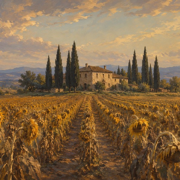 Tournesols d'arrière-saison – fresque panoramique de Provence : champ de tournesols aux têtes inclinées et dorées s'étirant vers