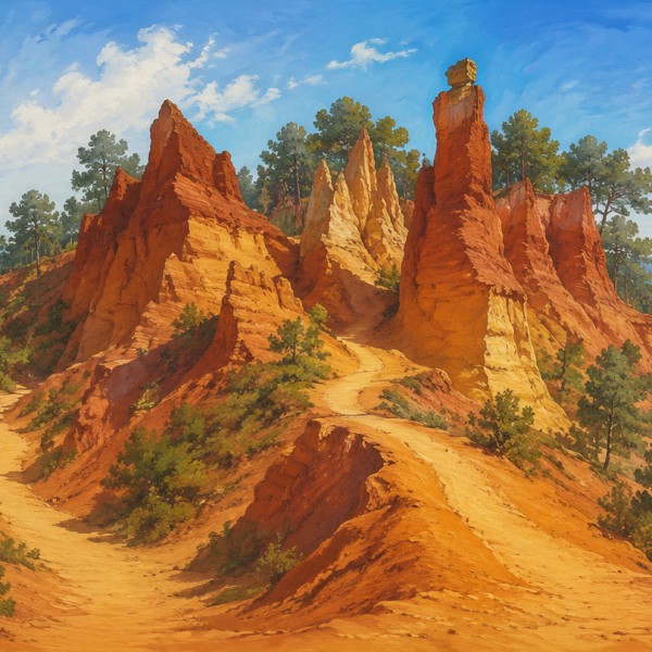 Sentier des ocres du Roussillon – fresque panoramique de Provence : sentier serpentant entre falaises et cheminées d'ocre flambo