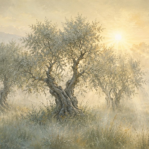 Oliveraie au petit matin brumeux – fresque panoramique de Provence : oliviers aux silhouettes adoucies par une brume matinale do