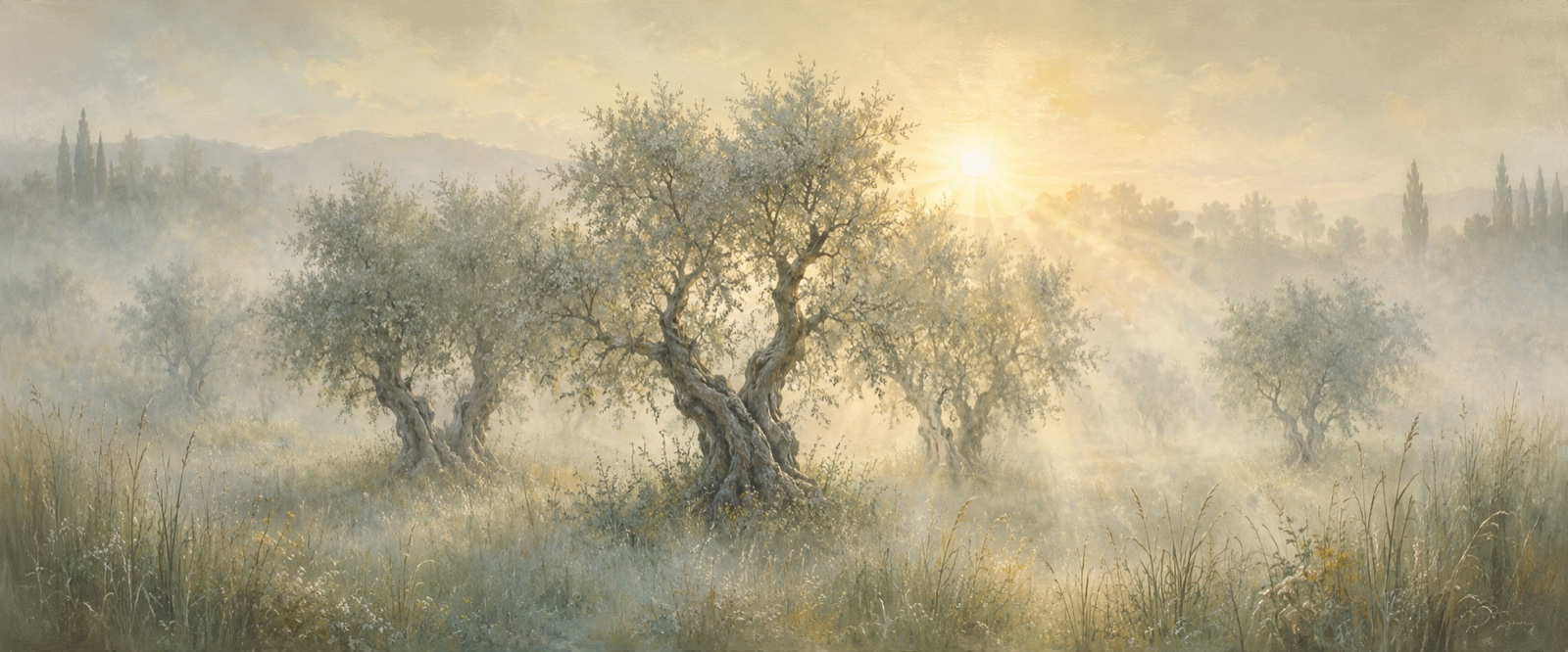 Oliveraie au matin brumeux