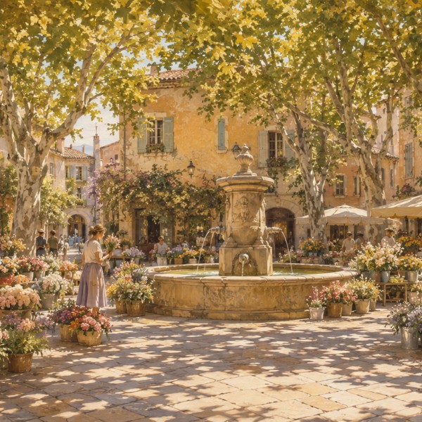 Marché aux fleurs sur une place ombragée – fresque panoramique de Provence : place de village abritée par de grands platanes, ét