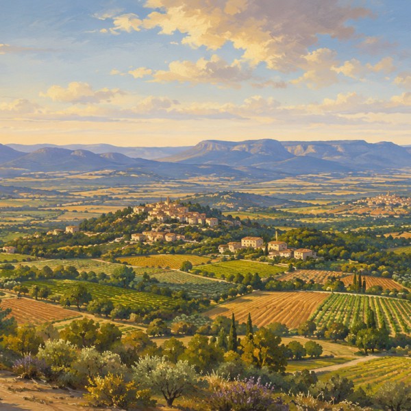 Vue sur le Luberon depuis les hauteurs – fresque panoramique de Provence : vaste panorama sur la vallée, damier de champs, vigne