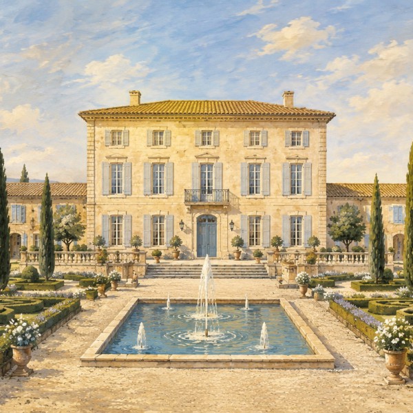 Bastide et jardin à la française – fresque panoramique de Provence : bastide aux volets pastel entourée de buis taillés, allées 