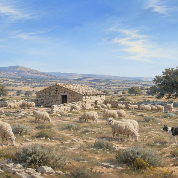 Troupeau et bergerie dans la garrigue – fresque panoramique de Provence : troupeau de moutons paissant dans une garrigue ouverte