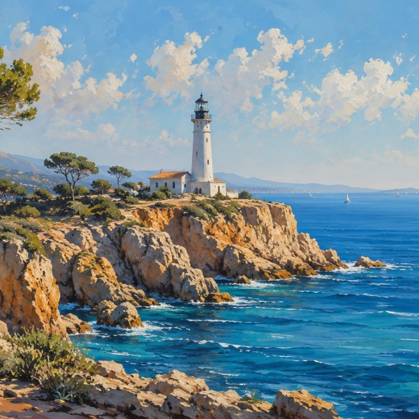 Falaises et phare de la côte méditerranéenne – fresque panoramique de Provence : falaises ocre plongeant dans une mer scintillan