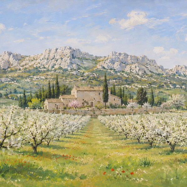 Vergers de cerisiers au printemps – fresque panoramique de Provence : rangées de cerisiers couverts de fleurs blanches au pied d
