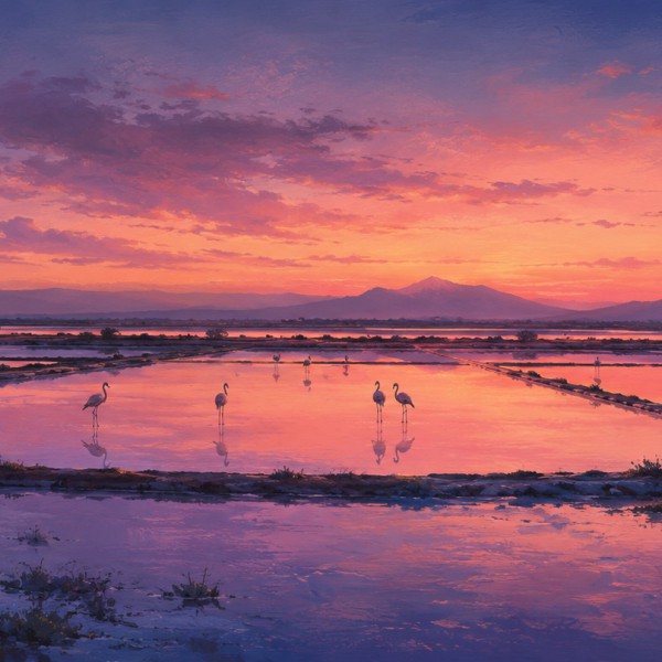 Crépuscule sur les salins roses – fresque panoramique de Provence : bassins teintés de rose et de mauve au crépuscule, digues de