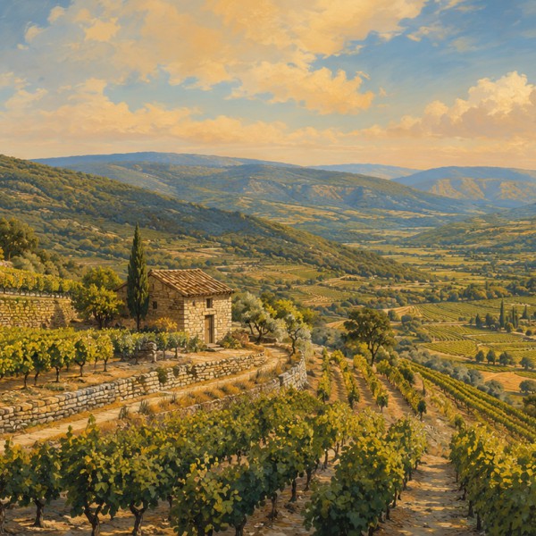 Chemin de vignes en terrasses – fresque panoramique de Provence : vignobles en terrasses descendant vers une vallée, rangées ryt