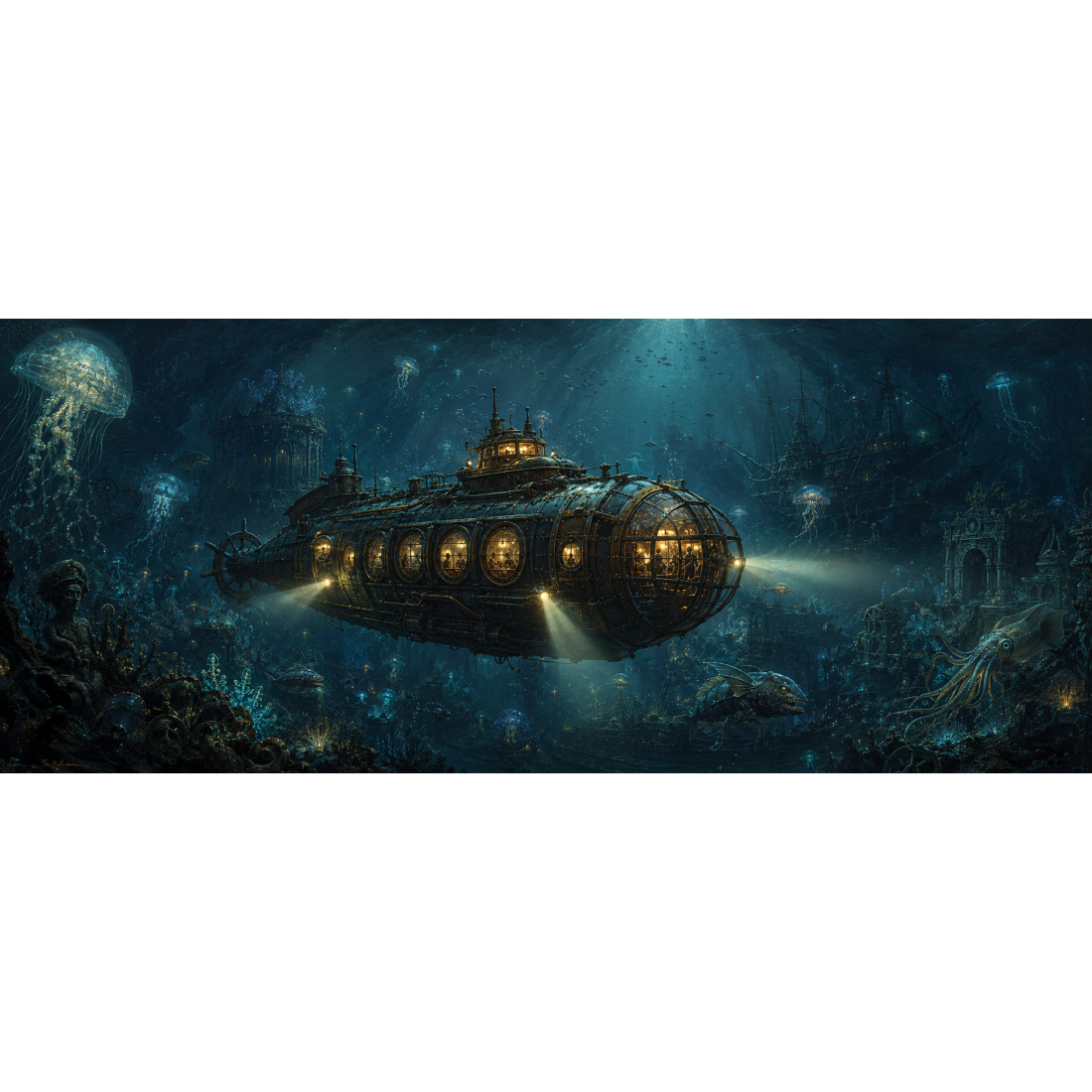 Dans la nuit des abysses, un sous-marin de cuivre éclaire sa route parmi les méduses et les épaves : le voyage vers l'inconnu de