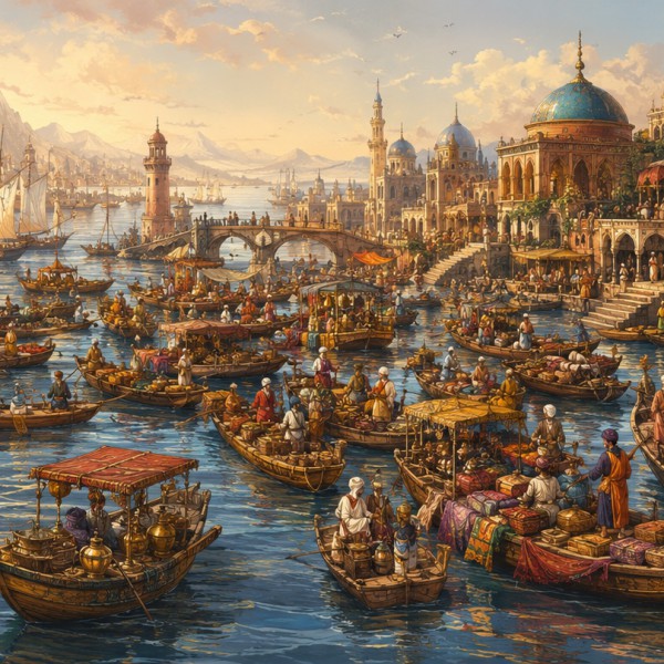 Sur l'eau dorée d'un port oriental imaginaire, les barques se pressent au pied des dômes : le voyage comme grand marché du monde