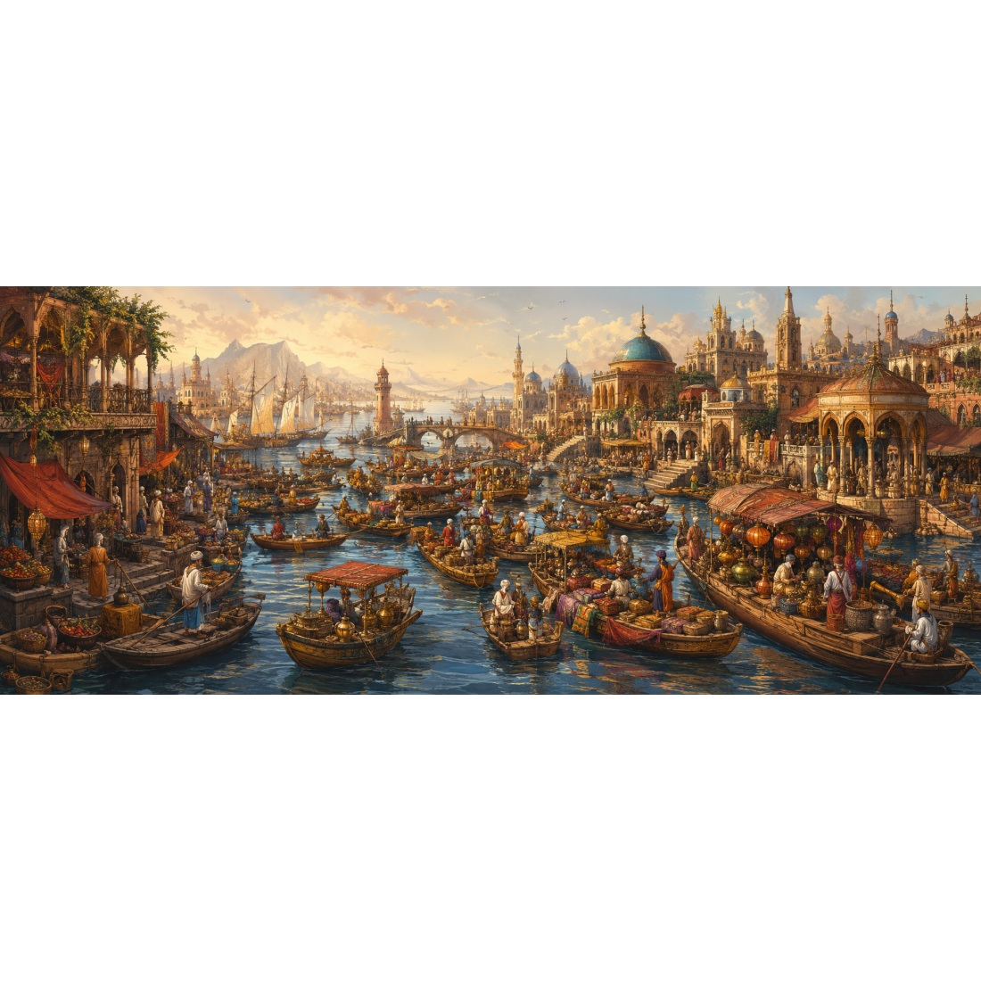 Sur l'eau dorée d'un port oriental imaginaire, les barques se pressent au pied des dômes : le voyage comme grand marché du monde