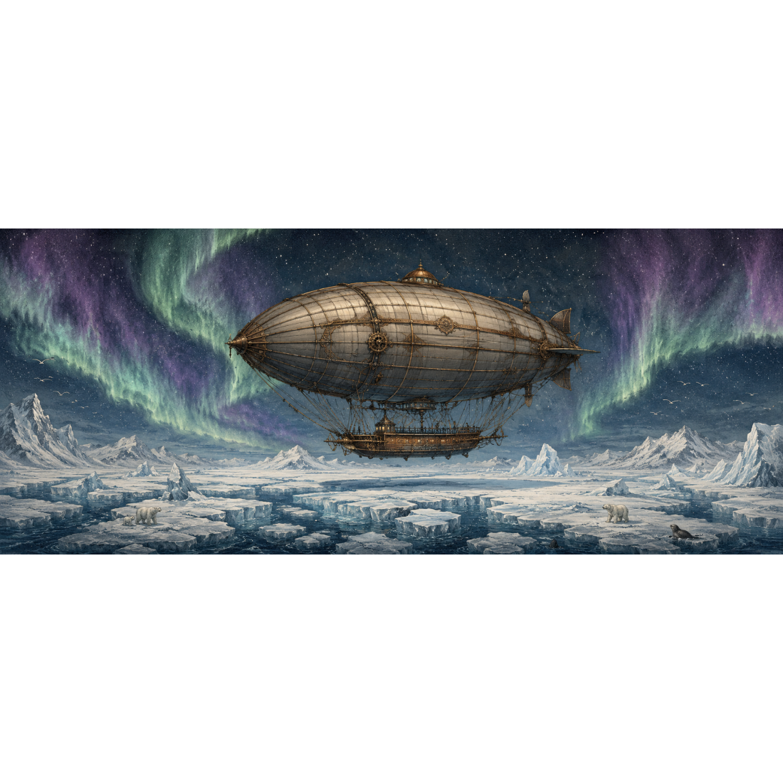 Sous les aurores ondulantes, un grand dirigeable survole la banquise scintillante : le voyage aux confins glacés du monde.