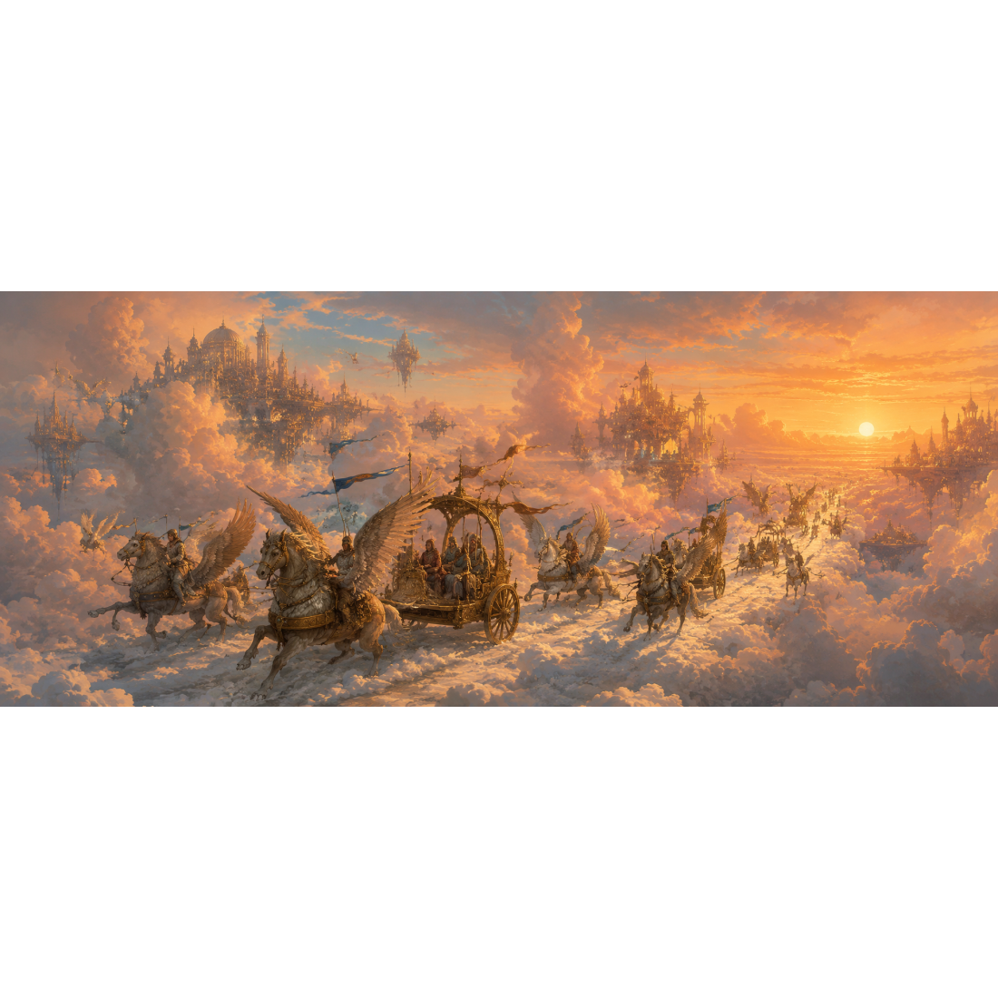 Sur une route de nuages embrasée par le couchant, la caravane ailée chemine vers des cités flottantes : le voyage comme songe.