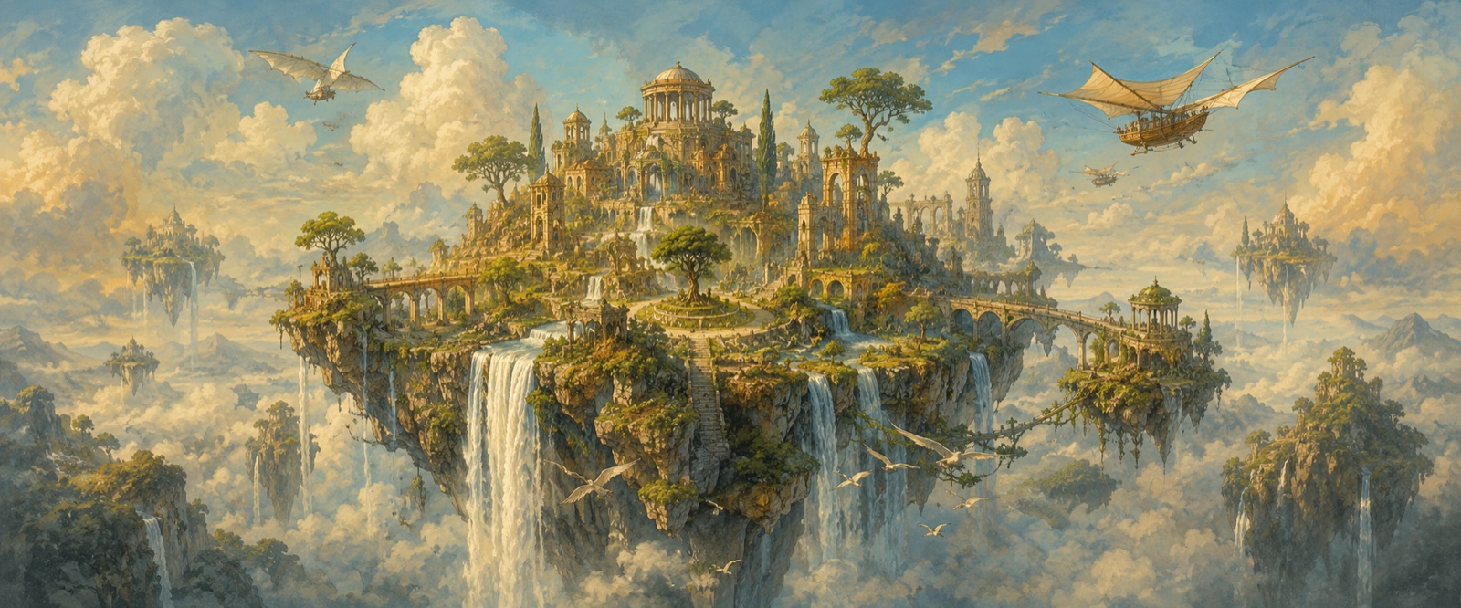 Île volante et cascades dans le vide