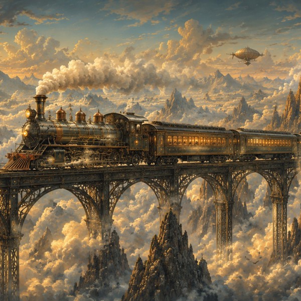 Train sur viaduc au-dessus des nuages — Manufacture Arssans