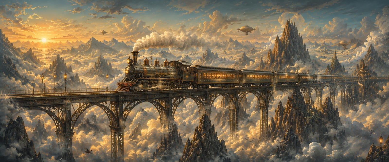 Train sur viaduc au-dessus des nuages