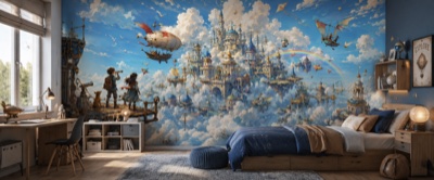 Fresque panoramique « Cité dans les nuages et machines volantes » posée dans une chambre d'enfant