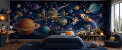 Fresque panoramique « Planètes et station spatiale rêveuse » posée dans une chambre d'enfant