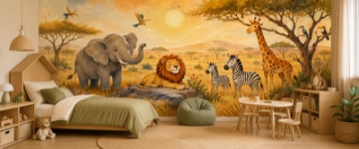 « Safari joyeux dans la savane » en situation — fresque panoramique pour enfant dans un intérieur
