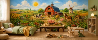 « Ferme animée et potager » en situation — fresque panoramique pour enfant dans un intérieur