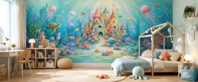 « Royaume des fonds marins enchantés » en situation - fresque panoramique pour enfant dans un intérieur