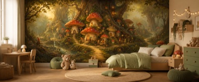 « Village des lutins dans les champignons » en situation — fresque panoramique pour enfant dans un intérieur