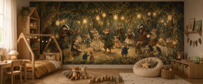 « Bal des animaux musiciens » en situation — fresque panoramique pour enfant dans un intérieur