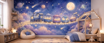 « Train des étoiles dans la nuit » en situation - fresque panoramique pour enfant dans un intérieur
