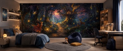 « Forêt magique et sentier des lanternes » en situation — fresque panoramique pour enfant dans un intérieur