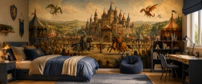 « Château fort et tournoi médiéval » en situation — fresque panoramique pour enfant dans un intérieur