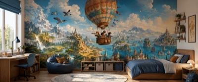 « Grand voyage en montgolfière autour du monde » en situation - fresque panoramique pour enfant dans un intérieur