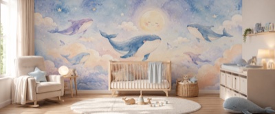 « Baleines et nuages dans un ciel doux » en situation - fresque panoramique pour enfant dans un intérieur