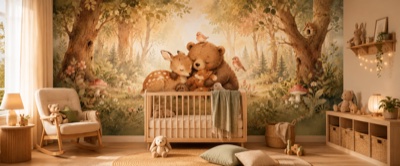 « Petit ours et ses amis de la forêt » en situation - fresque panoramique pour enfant dans un intérieur