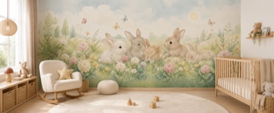 « Petits lapins dans un pré fleuri » en situation - fresque panoramique pour enfant dans un intérieur