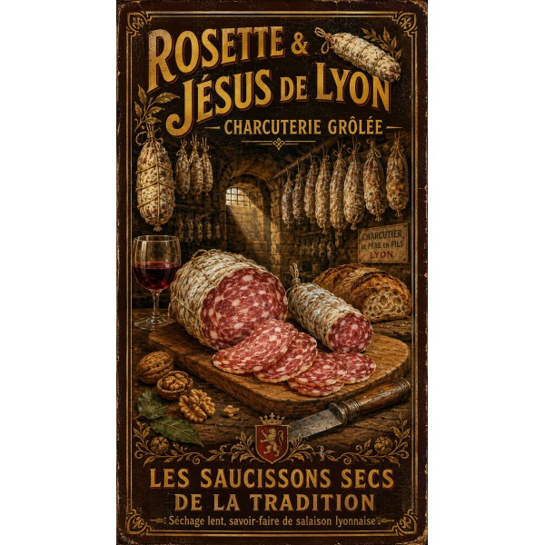 Rosette & Jésus de Lyon — Charcuterie Grôlée – affiche & plaque vintage | Manufacture Arssans
