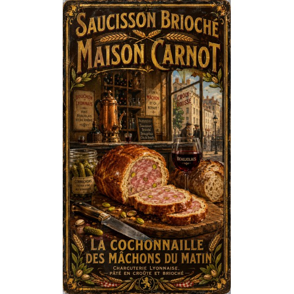 Saucisson Brioché — Maison Carnot – affiche & plaque vintage | Manufacture Arssans