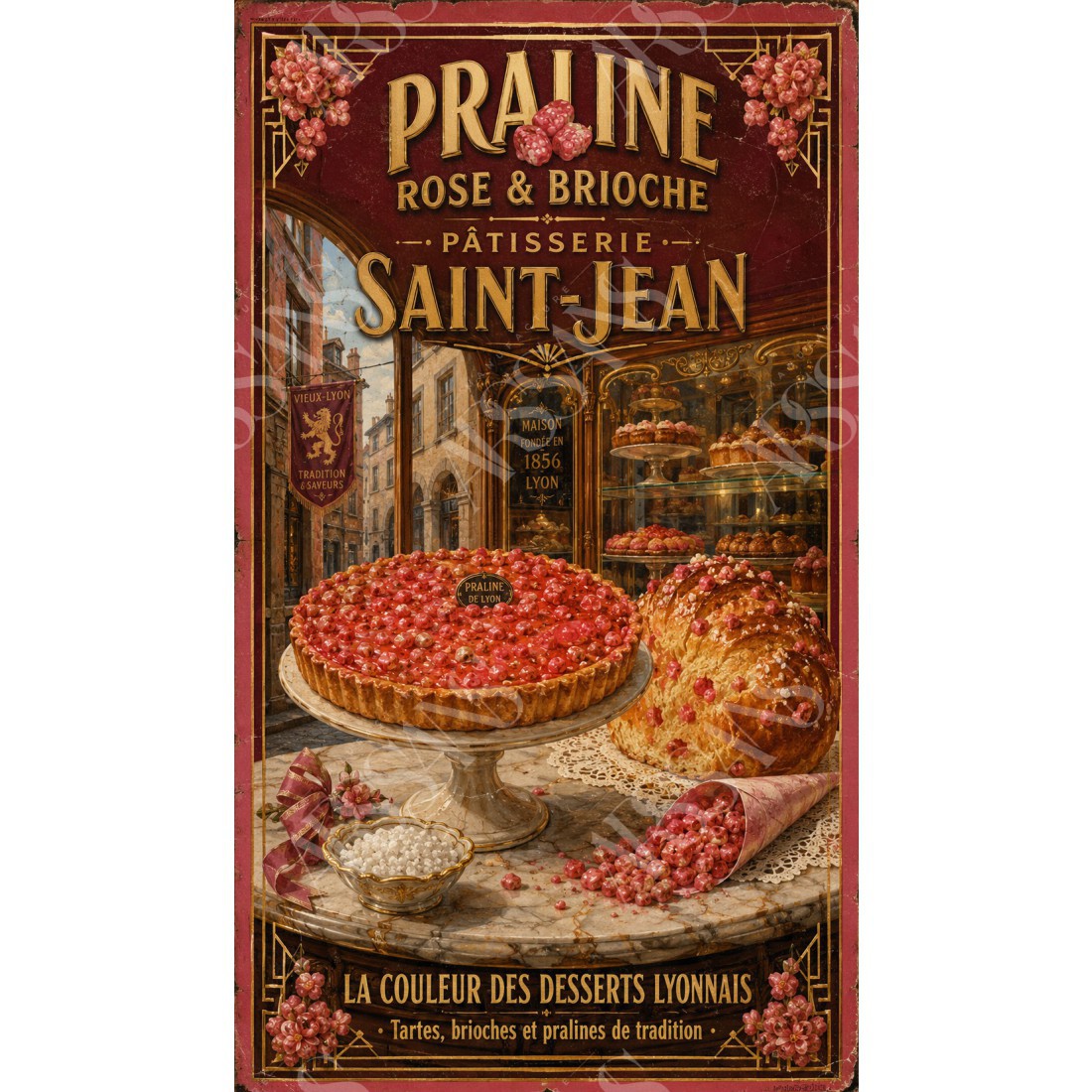 Praline Rose & Brioche — Pâtisserie Saint-Jean – affiche & plaque vintage | Manufacture Arssans