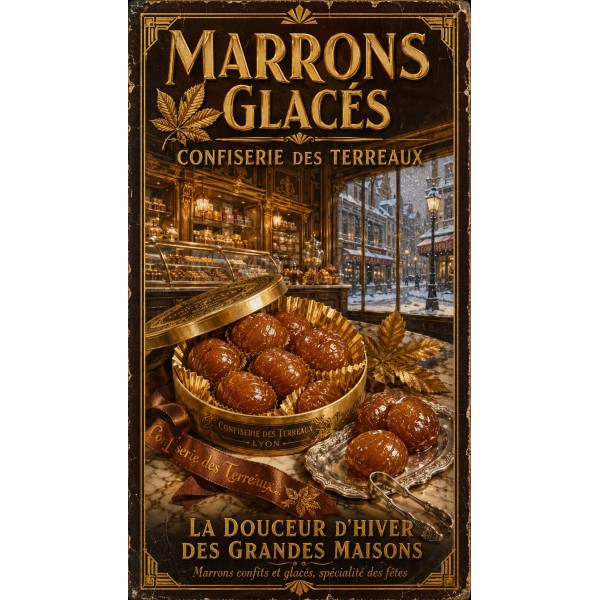 Marrons Glacés — Confiserie des Terreaux – affiche & plaque vintage | Manufacture Arssans