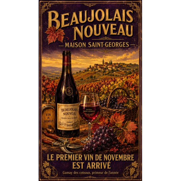 Beaujolais Nouveau — Maison Saint-Georges – affiche & plaque vintage | Manufacture Arssans