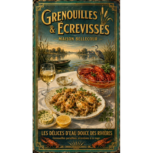 Grenouilles & Écrevisses — Maison Bellecour – affiche & plaque vintage | Manufacture Arssans