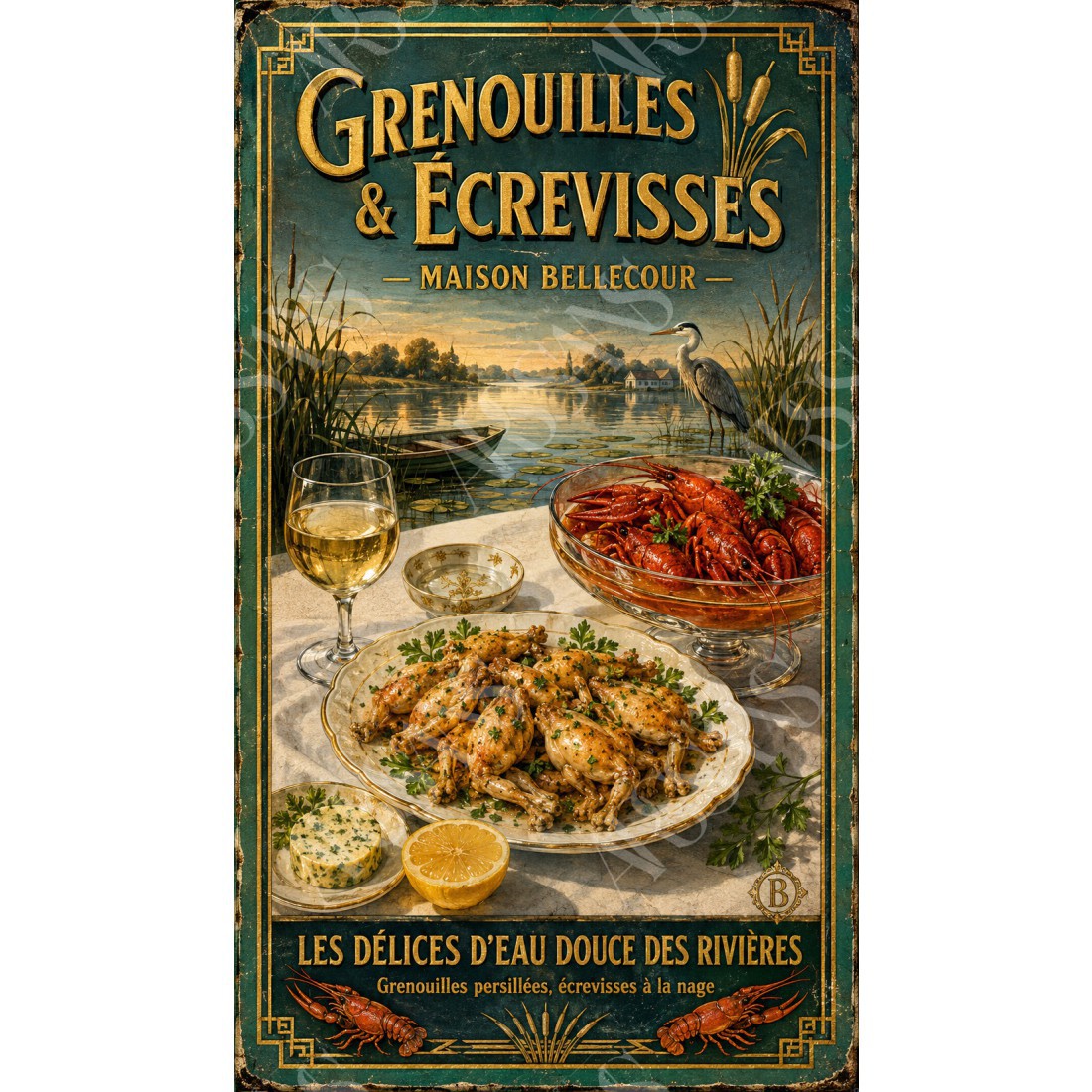 Grenouilles & Écrevisses — Maison Bellecour – affiche & plaque vintage | Manufacture Arssans