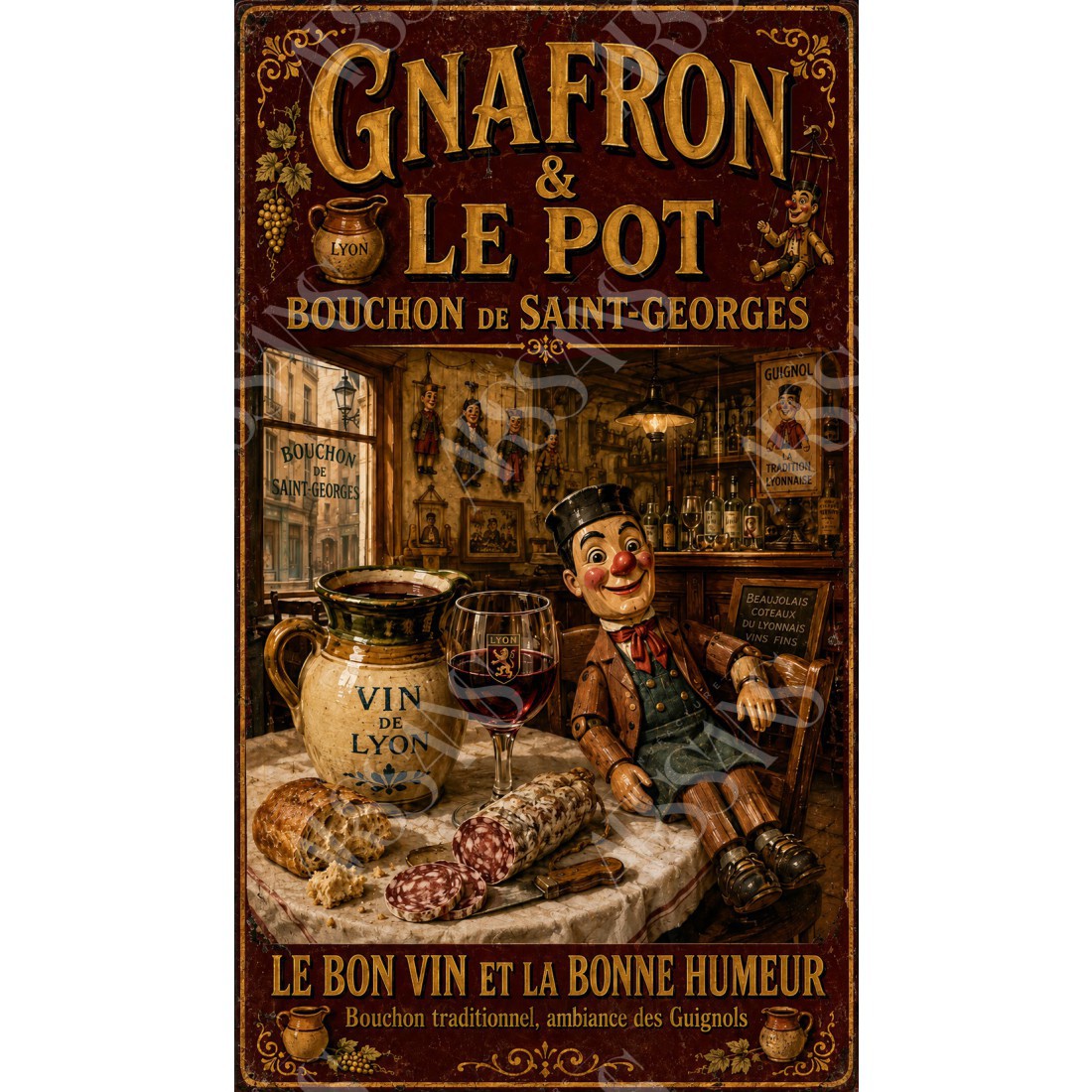 Gnafron & le Pot — Bouchon de Saint-Georges – affiche & plaque vintage | Manufacture Arssans