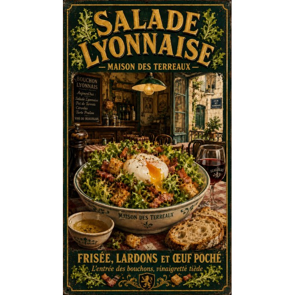 Salade Lyonnaise — Maison des Terreaux – affiche & plaque vintage | Manufacture Arssans