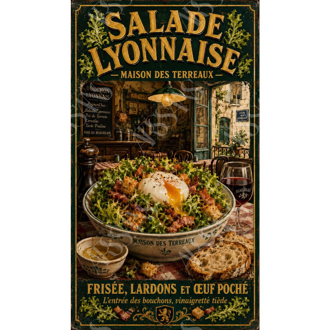 Salade Lyonnaise — Maison des Terreaux – affiche & plaque vintage | Manufacture Arssans